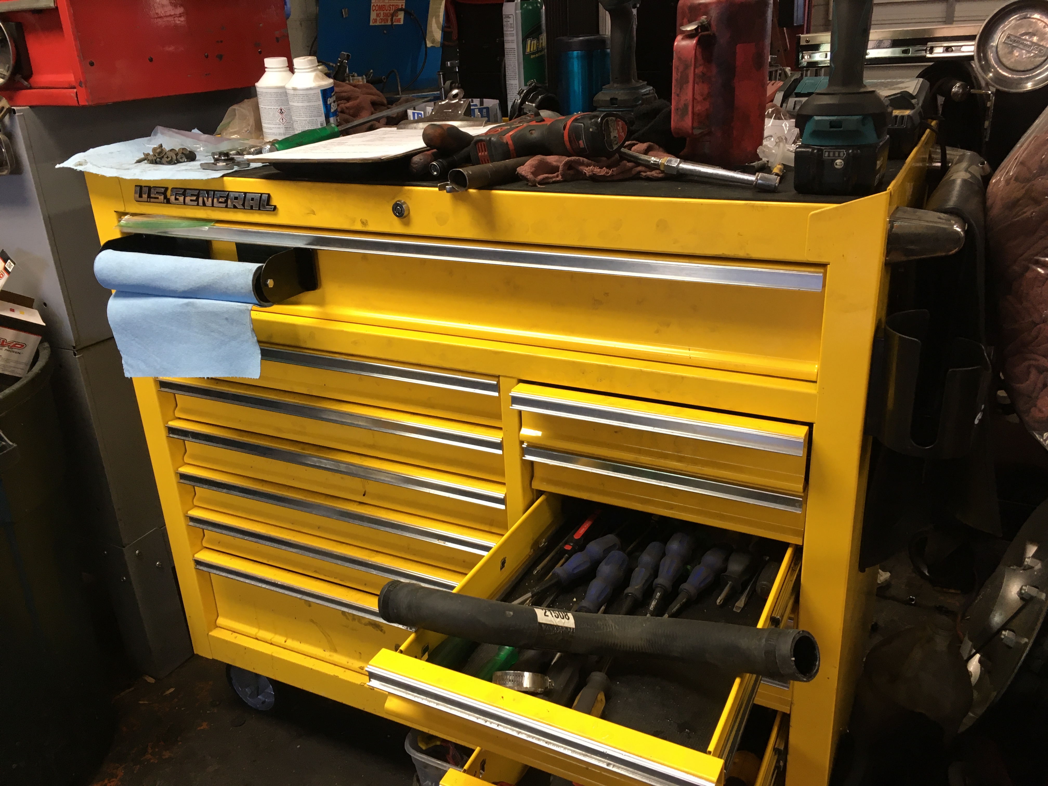Yellow auto mechanic's tool box at Golden Triangle Auto Care