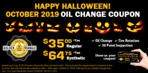 Happy Halloween Oil Change Coupon $35/regular or $64.75 Synthetic October 2019