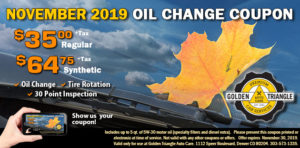 Oil Change Deail $35/reg or $64.75/synthetic Nov 1-Nov 30 2019