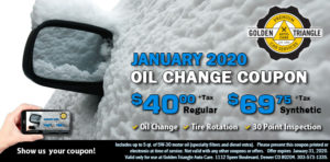 January 2020 Oil Change Coupon $40 regular or $69.75 synthetic up to 5 quarters of oil