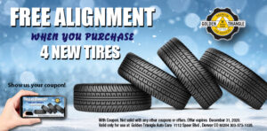 Free Alignment with purchase of 4 new tires valid thru 12-31-20