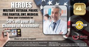 Special Oil Change Deal for Heroes from Golden Triangle Auto Care valid thru 11-30-21